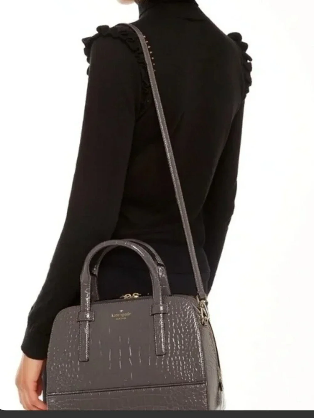 kate spade Croc-Embossed Satchel in Dark Brown with Gold Hardware